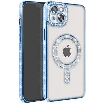 Apple iPhone 15 Kılıf Joke Simli Magneticsafe Kılıf - Mavi