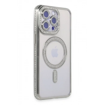 Apple iPhone 15 Pro Max Kılıf Joke Simli Magneticsafe Kılıf - Gümüş