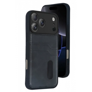 Apple iPhone 17 Pro Sara Kartvizitli Deri Kılıf - Siyah