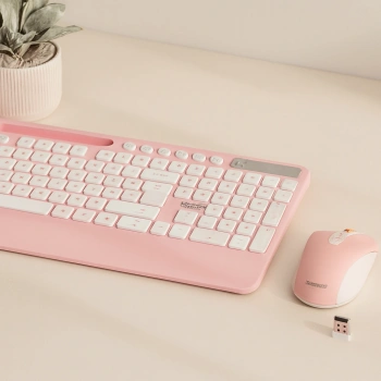 Kablosuz Klavye Mouse Seti - Telefon & Tablet Standlı (Beyaz/Pembe)