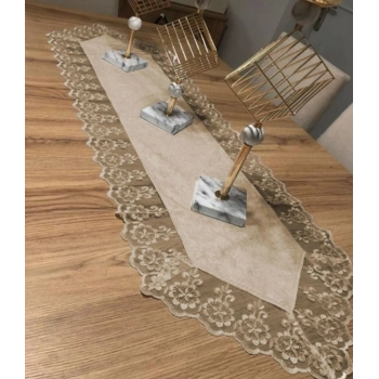 Kadife Dantel Detaylı Krem Runner (140x40cm) Kahve