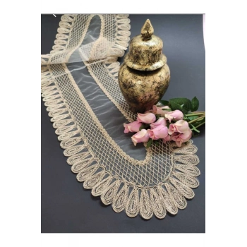 Kadife Detaylı Bej Runner (120x30cm)