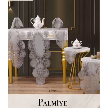 Keten Palmiye Model Gri 7 Parça Runner Seti Masa Örtüsü Salon Takımı