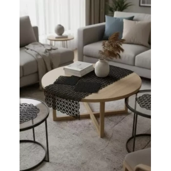 Krem Angles Model Dantel Masa Örtüsü Runner Seti 5 Parça Salon Takımı