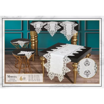 Mimoza Model Krem 5 Parça Dantel Masa Örtüsü Runner Seti Salon Takımı No 666