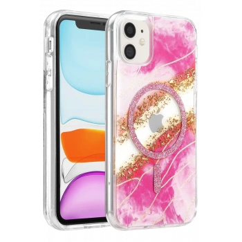 Onegif Apple iPhone 11 Lotus Simli Magsafe Kapak - Pembe