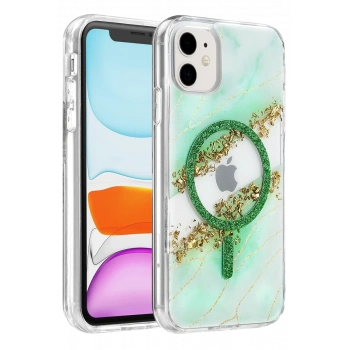 Onegif Apple iPhone 11 Lotus Simli Magsafe Kapak - Yeşil