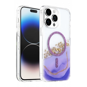 Onegif Apple iPhone 14 Pro Max Lotus Simli Magsafe Kapak - Mor