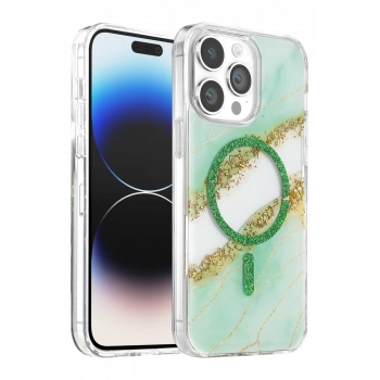 Onegif Apple iPhone 14 Pro Max Lotus Simli Magsafe Kapak - Yeşil