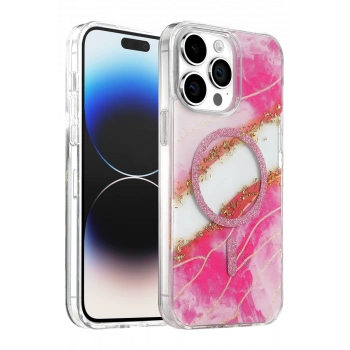 Onegif Apple iPhone 15 Pro Max Lotus Simli Magsafe Kapak - Pembe