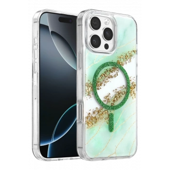 Onegif Apple iPhone 16 Pro Max Lotus Simli Magsafe Kapak - Yeşil