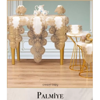 Palmiye Model Krem-Kapiçino 7 Parça Keten Masa Örtüsü Runner Seti