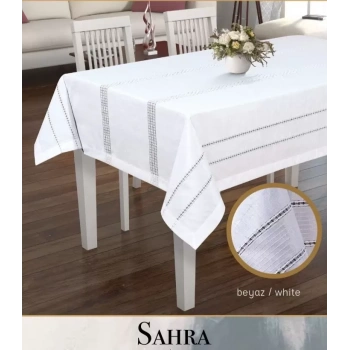 Sahra Model Beyaz 160x220 cm Polyester Ajurlu Keten Masa Örtüsü Tablecloth