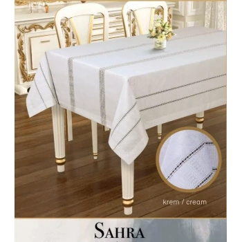 Sahra Model Krem 160x220 cm Polyester Ajurlu Keten Masa Örtüsü Şık Tablecloth