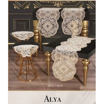 Salon Takımı 5 Parça Dantelli Masa Örtüsü Runner Seti Alya Model - Gold