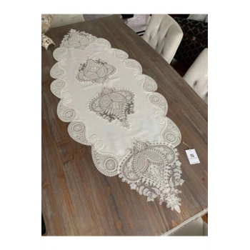 Salon Takımı 5 Parça Keten Dantelli Krem