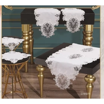 Salon Takımı 5 Parça Keten Dantelli Masa Örtüsü Runner Seti Anna Model - Krem