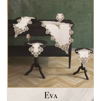 Salon Takımı 5 Parça Keten Dantelli Masa Örtüsü Runner Seti Eva Model -Krem-Krem