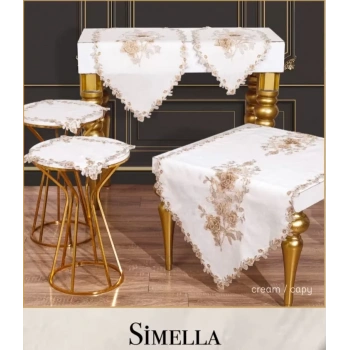 Salon Takımı 5 Parça Nakış İşlemeli Masa Örtüsü Runner Seti Çeyizlik Simella Model Krem-Kapi