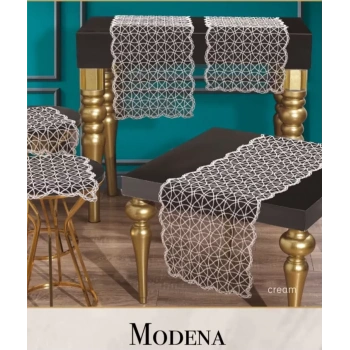 Salon Takımı Modena Model Krem 5 Parça Tül İşlemeli Runner Seti