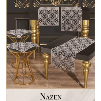 Salon Takımı Nazen Model Bej 5 Parça Tül İşlemeli Runner Seti
