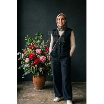 Yumoş Ponpon Düğmeli Yelek - Siyah