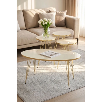 Zigon Sehpa Ve Orta Sehpa Elips Set Gold Krem Tel