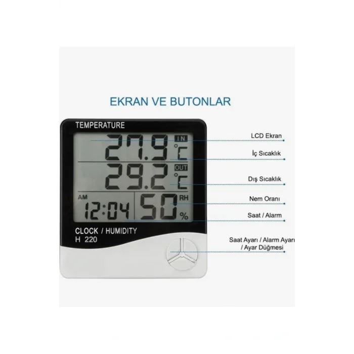 Htc-2 Saatli ve Alarmlı Dijital Termometre - Sıcaklık ve Nem Ölçer