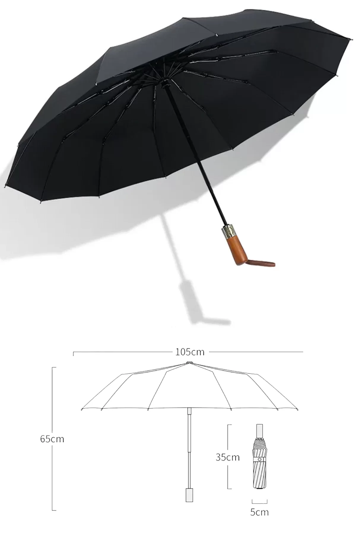 10 TEL Ahşap Sap Şık Görünümlü Rüzgara Suya Dayanıklı Otomatik Şemsiye