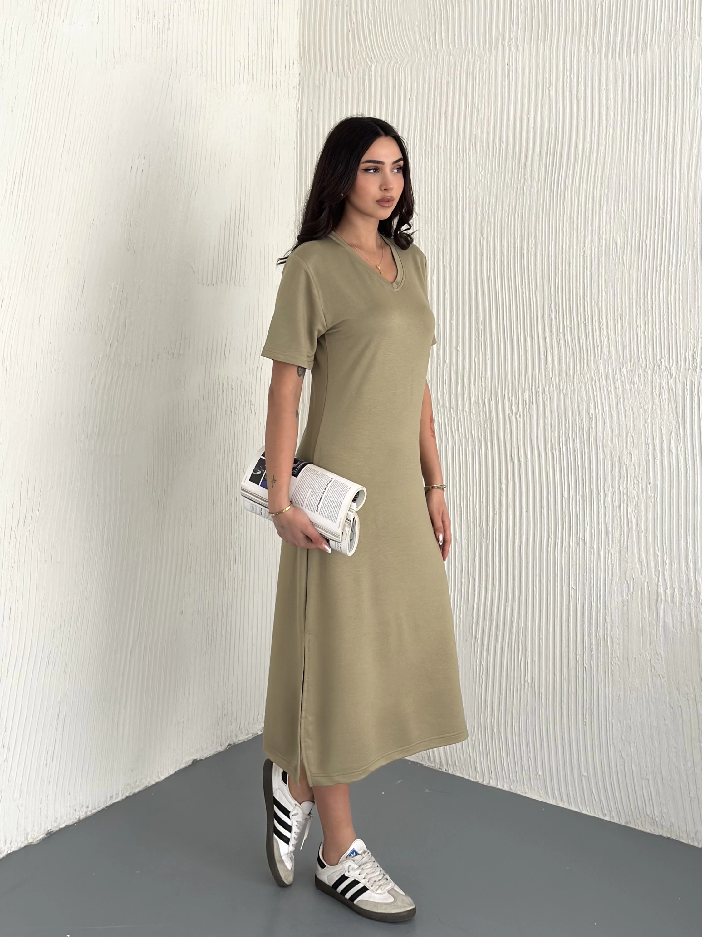 Kristal Modal Yırtmaçlı Basic Elbise