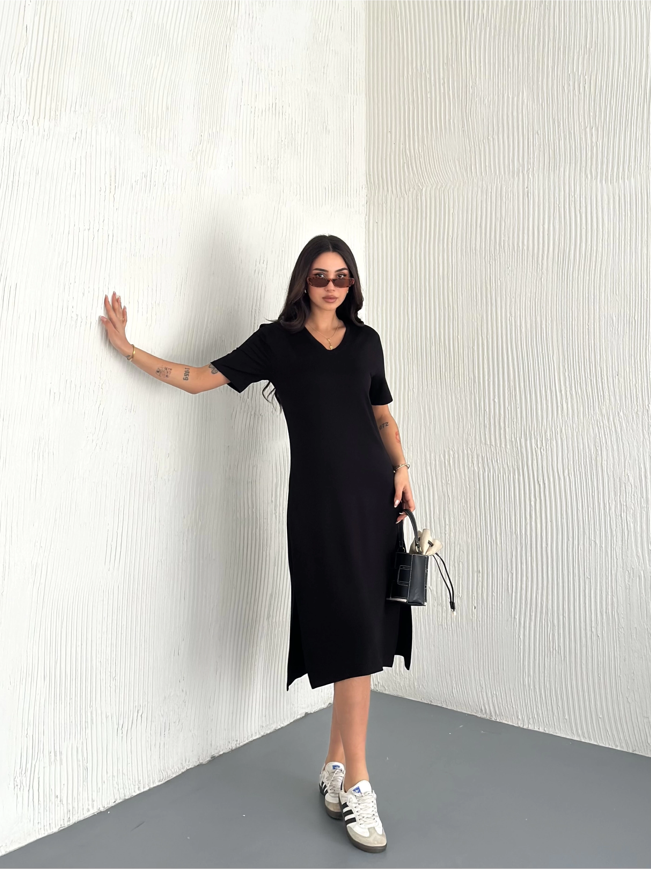Kristal Modal Yırtmaçlı Basic Elbise