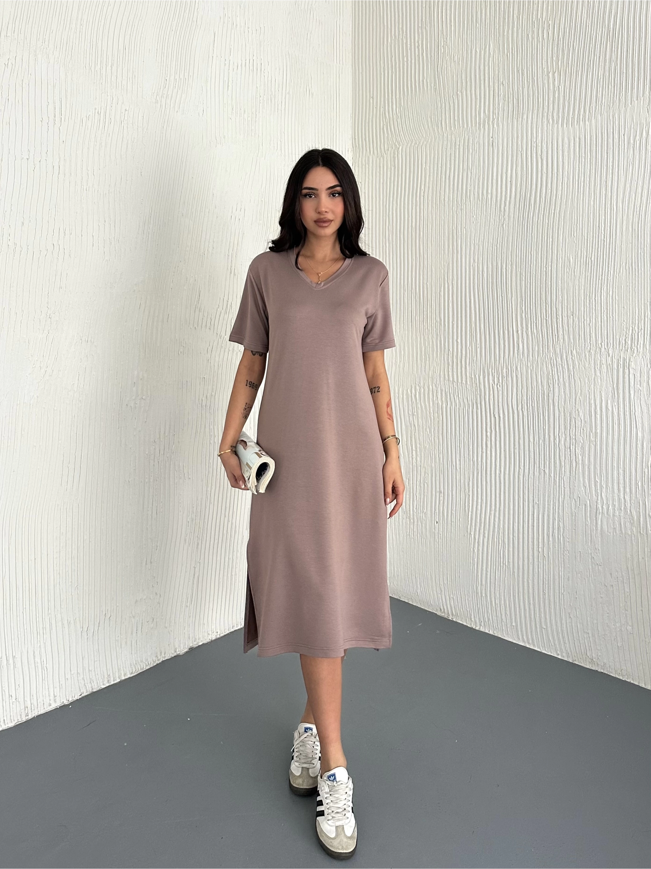 Kristal Modal Yırtmaçlı Basic Elbise