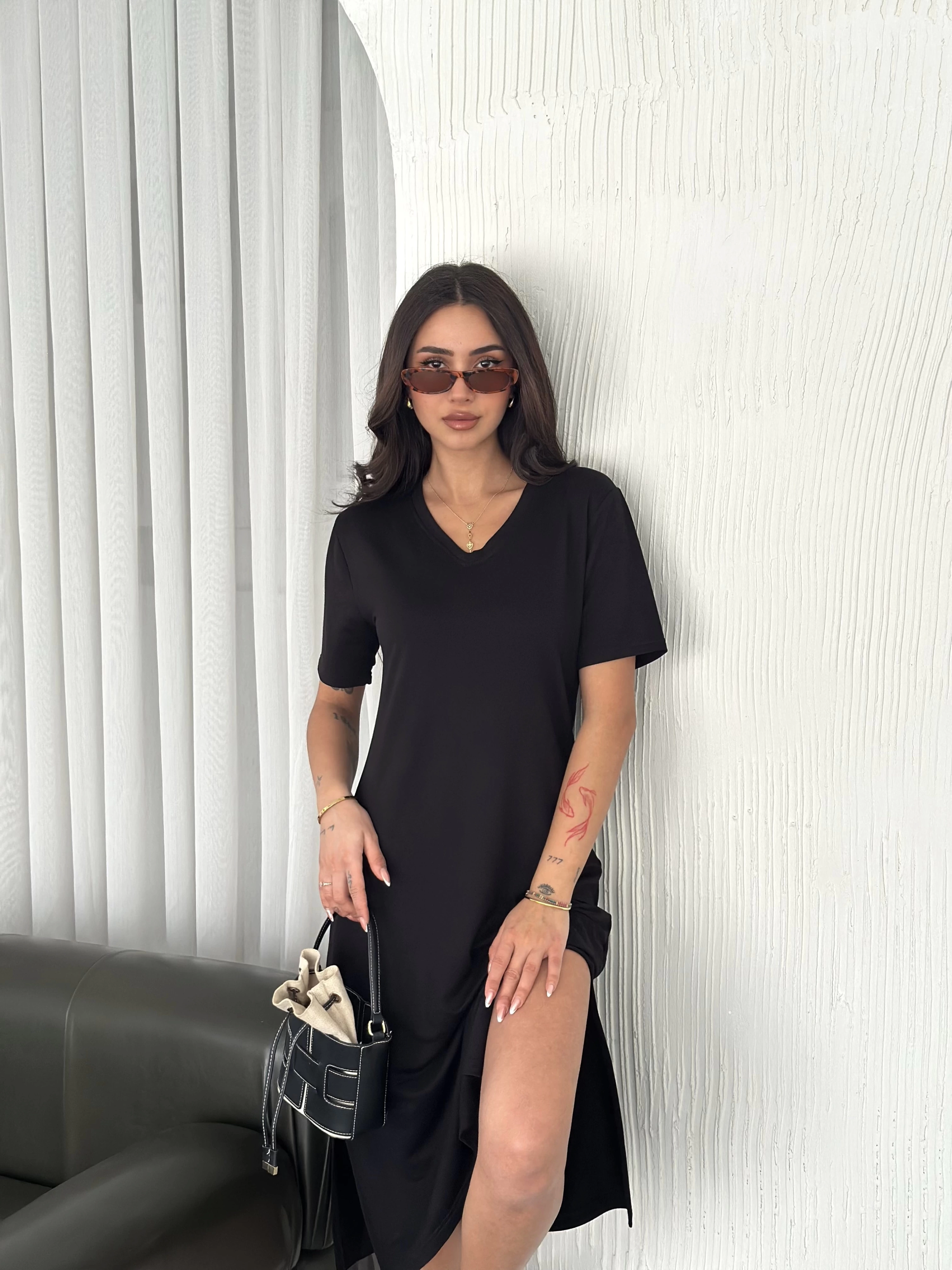 Kristal Modal Yırtmaçlı Basic Elbise