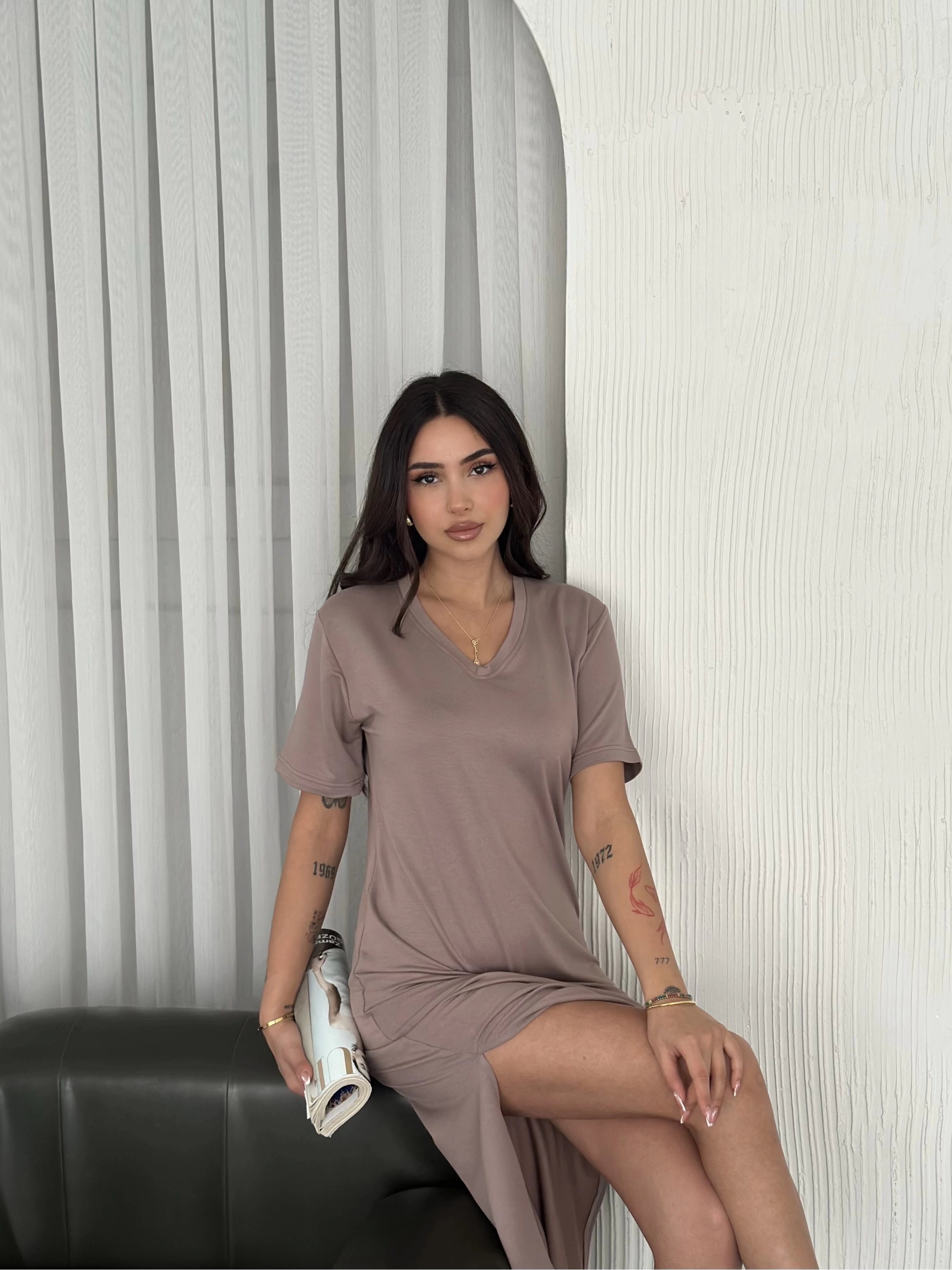 Kristal Modal Yırtmaçlı Basic Elbise