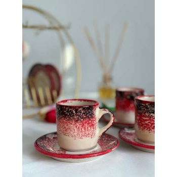 Ebru Model Kırmızı 6lı Kahve Fincanı
