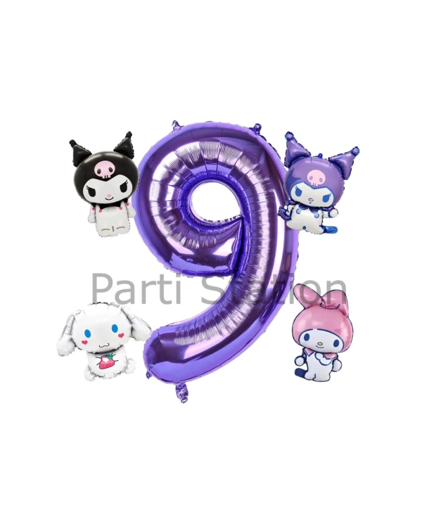 Kuromi 8 Yaş Mini Mor Balon Set Kuromi MyMelody Cinnamonroll Konsept Doğum Günü Balon Set