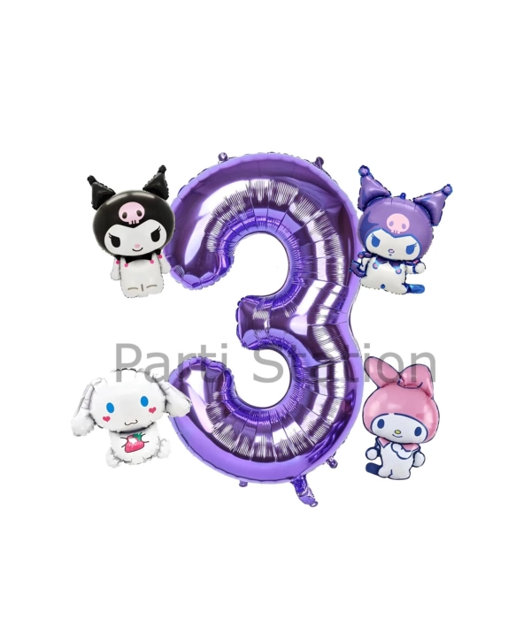 Kuromi 8 Yaş Mini Mor Balon Set Kuromi MyMelody Cinnamonroll Konsept Doğum Günü Balon Set