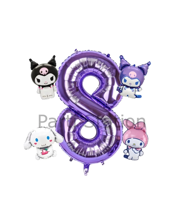 Kuromi 8 Yaş Mini Mor Balon Set Kuromi MyMelody Cinnamonroll Konsept Doğum Günü Balon Set