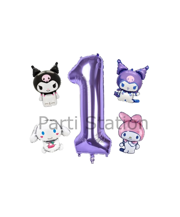 Kuromi 8 Yaş Mini Mor Balon Set Kuromi MyMelody Cinnamonroll Konsept Doğum Günü Balon Set