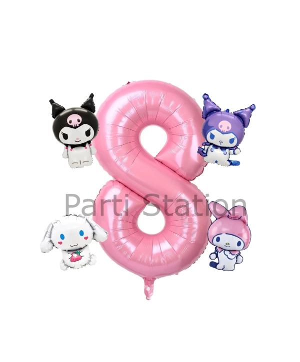 Kuromi 9 Yaş Mini Pembe Balon Set Kuromi MyMelody Cinnamonroll Konsept Doğum Günü Balon Set