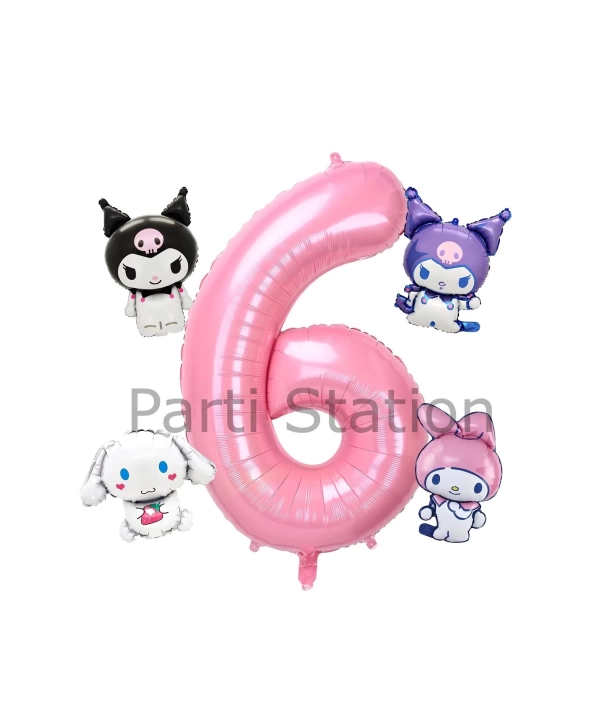 Kuromi 9 Yaş Mini Pembe Balon Set Kuromi MyMelody Cinnamonroll Konsept Doğum Günü Balon Set