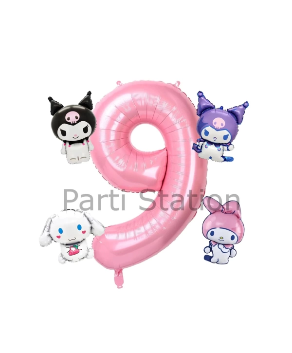 Kuromi 9 Yaş Mini Pembe Balon Set Kuromi MyMelody Cinnamonroll Konsept Doğum Günü Balon Set