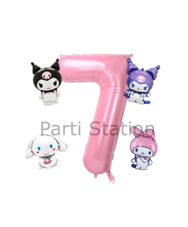 Kuromi 9 Yaş Mini Pembe Balon Set Kuromi MyMelody Cinnamonroll Konsept Doğum Günü Balon Set