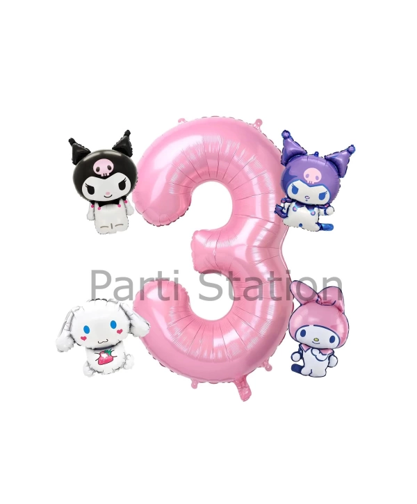 Kuromi 9 Yaş Mini Pembe Balon Set Kuromi MyMelody Cinnamonroll Konsept Doğum Günü Balon Set