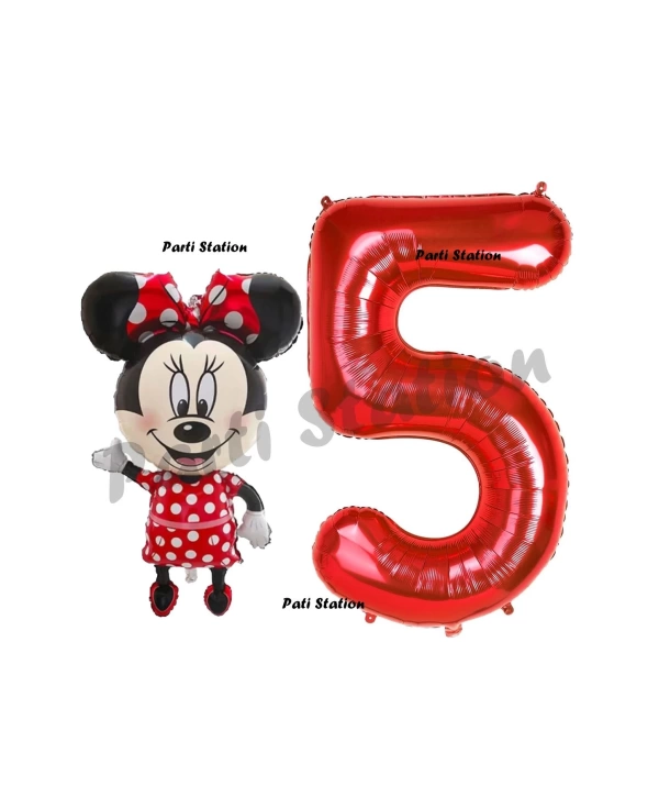 Minnie Mouse 3 Yaş Doğum Günü Set Minnie Mouse Konsept Balon ve Kırmızı Rakam Balon Set