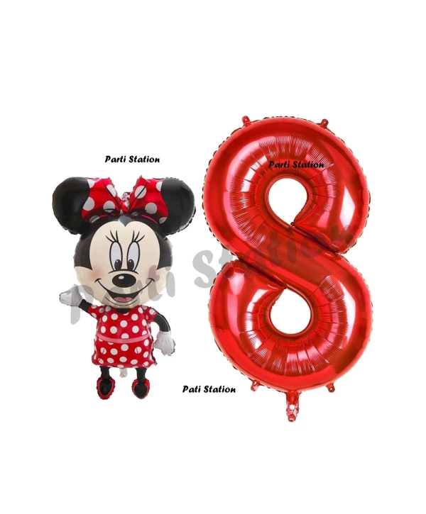 Minnie Mouse 3 Yaş Doğum Günü Set Minnie Mouse Konsept Balon ve Kırmızı Rakam Balon Set