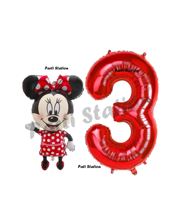 Minnie Mouse 3 Yaş Doğum Günü Set Minnie Mouse Konsept Balon ve Kırmızı Rakam Balon Set