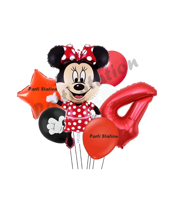 Minnie Mouse 4 Yaş Doğum Günü Set Minnie Mouse Konsept Balon ve Kırmızı Rakam Balon