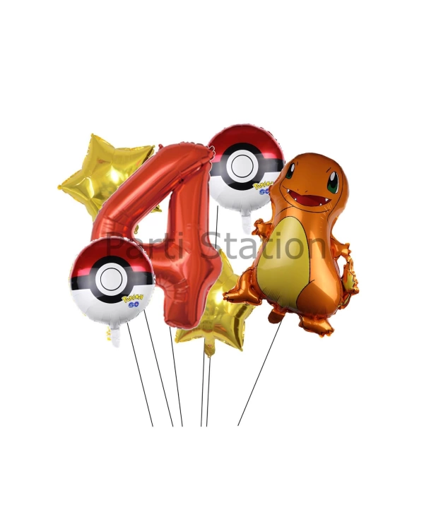 Pokemon Charizard Konsept 7 Yaş Balon Set Pokemon Çarizart Doğum Günü Yıldız Folyo Balon Set