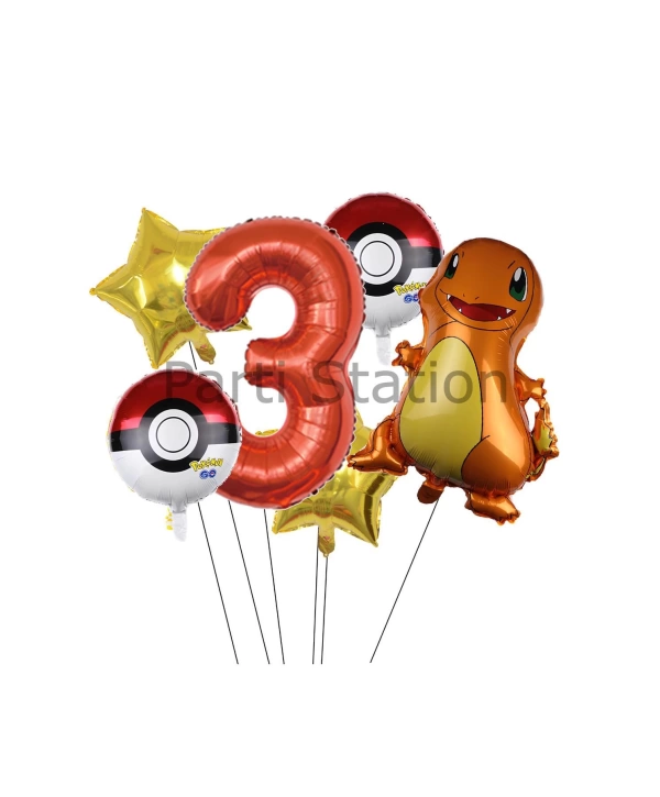 Pokemon Charizard Konsept 7 Yaş Balon Set Pokemon Çarizart Doğum Günü Yıldız Folyo Balon Set